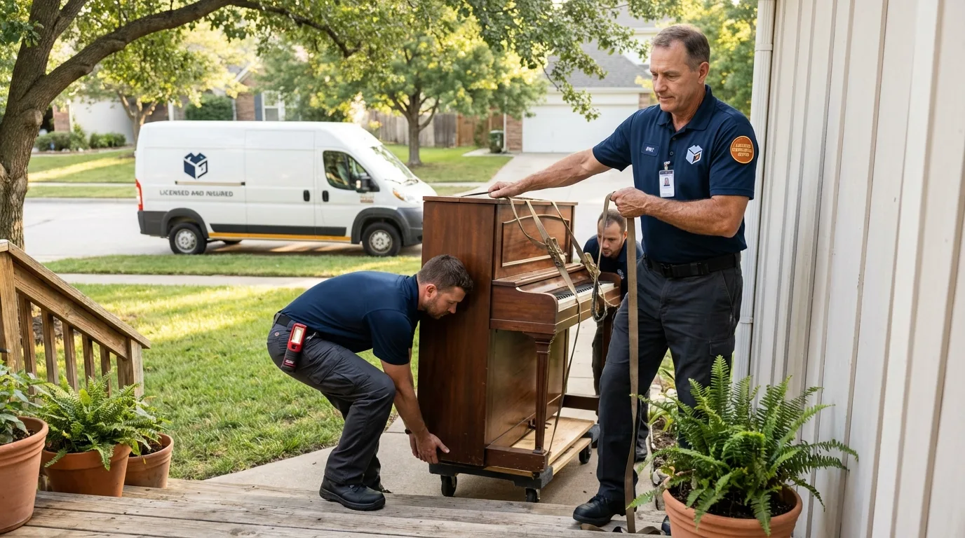 Licensed piano movers securing grand piano in Cowan, TN