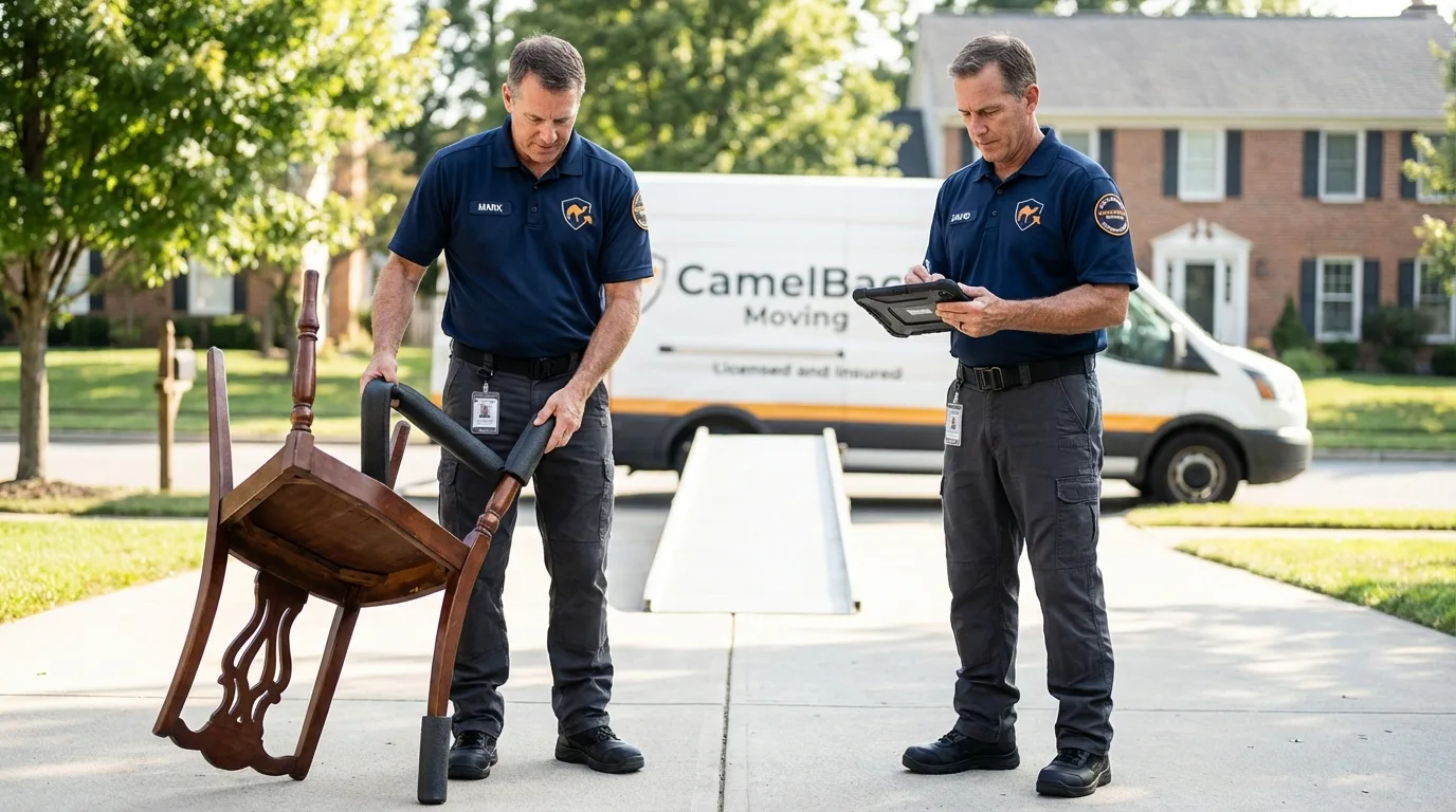 Movers inspecting furniture for damage prevention before loading in Cowan, TN