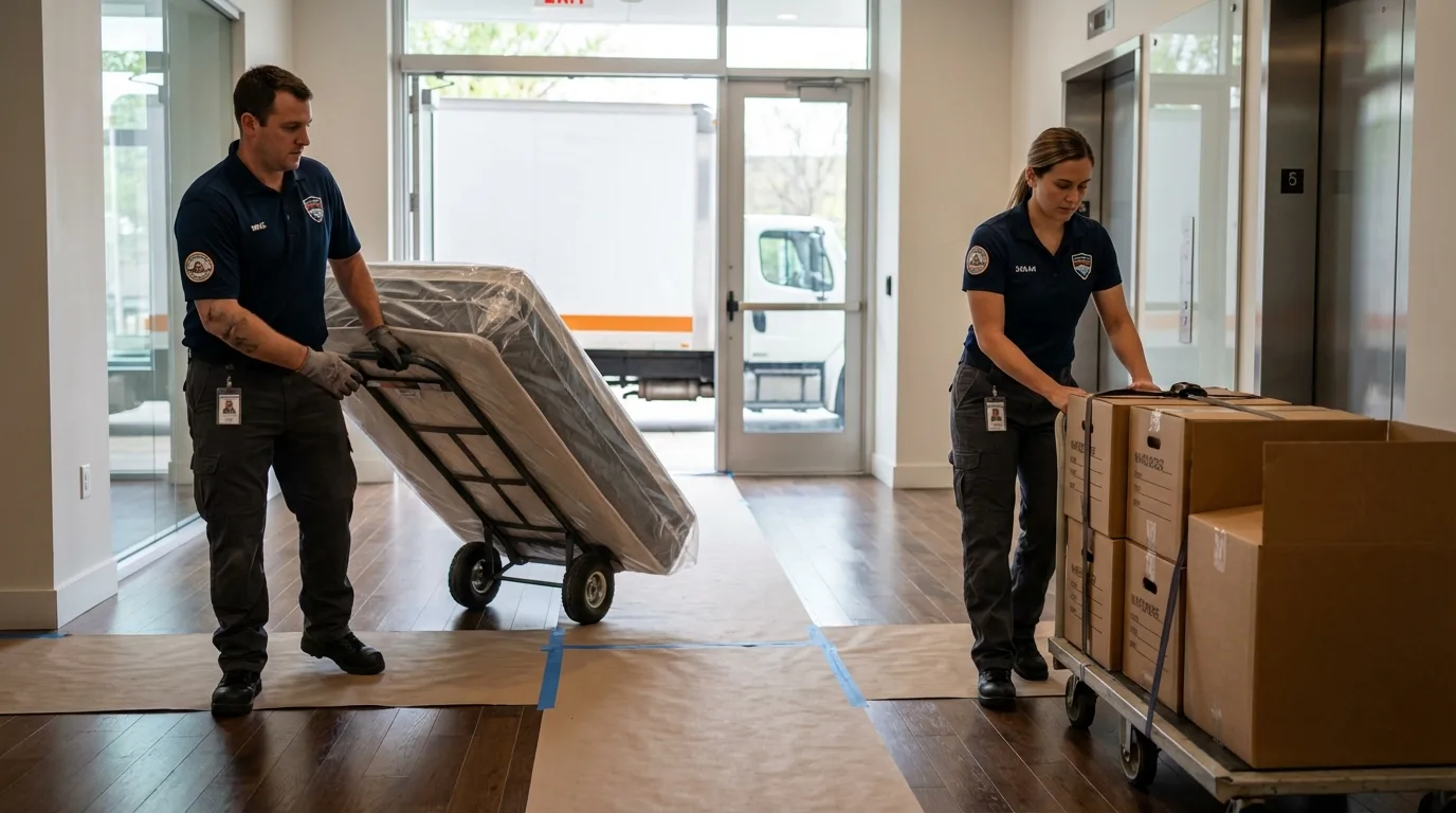 Professional apartment movers loading elevator in Cowan, TN